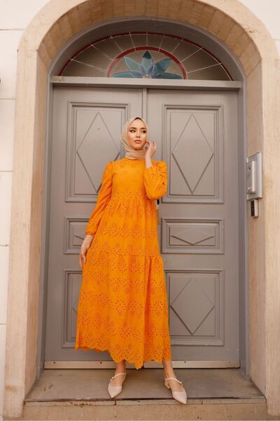 PİNK FLY Orange Embroidery Lace Scallop Long Women's Dress
