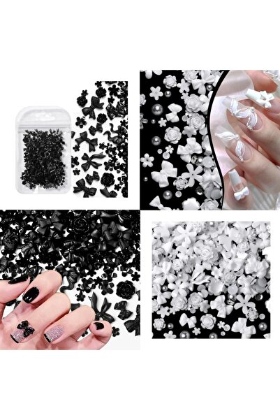 Beauty Box Siyah Beyaz Mix Gül Çiçek Kurdele İnci Nail Charms Profesyonel Min...