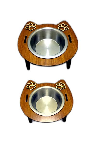 EMSE Luxury Wooden Steel Cat Dog Food Water Bowl