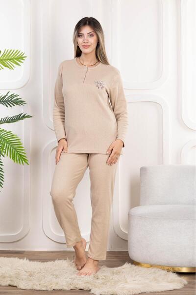 MEBA Plus Size Single Flower Cream Pajama Set - Winter