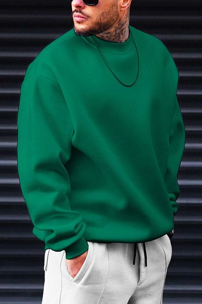 Millionaire Ανδρικό φούτερ από φλις πράσινο oversize - Crew Neck, Unprinted, Loose Fit
