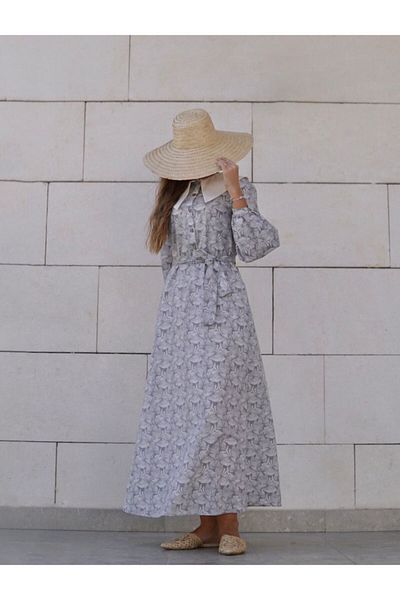 Launes Collar Detailed Vintage Pocketed Buttoned Fan Patterned Gray Fairytale Dress