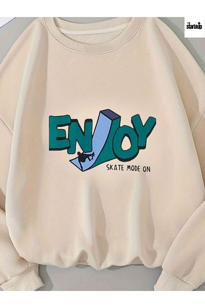 QUEENSTOWN Μπεζ χρώμα Unisex 'Enjoy' εμπριμέ φούτερ μεγάλου μεγέθους - Πλήρης λαιμόκοψη με 3 νήματα
