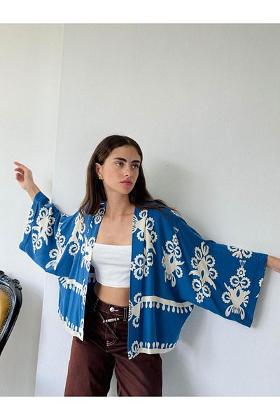 Retrobird Mini Kimono cu model boem albastru închis - Femei