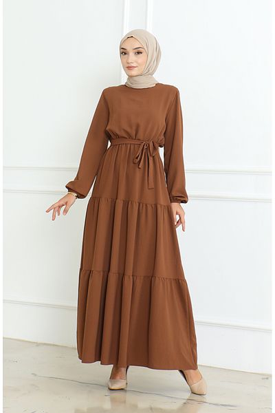 sefamerve Belted Aerobin Fabric Dress - 1016-04 Brown