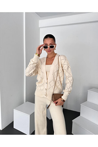 DENİKK Μοντέλο A2012 - Γυναικείο πλεκτό σετ 3 τεμαχίων με κεντημένες χάντρες με διαμάντια