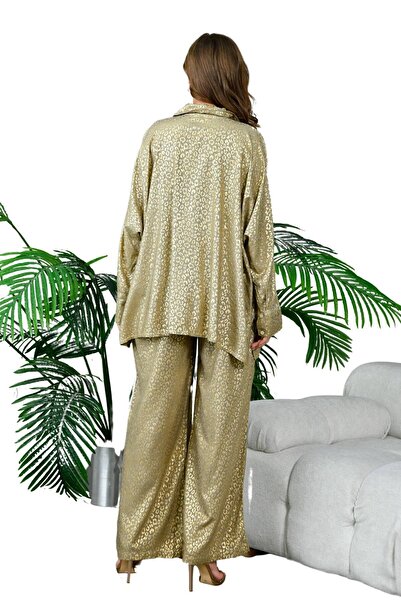 WOMAN VISION Viscose Women's Double Set - Coral Pattern, Shirt and Trousers with Leaves