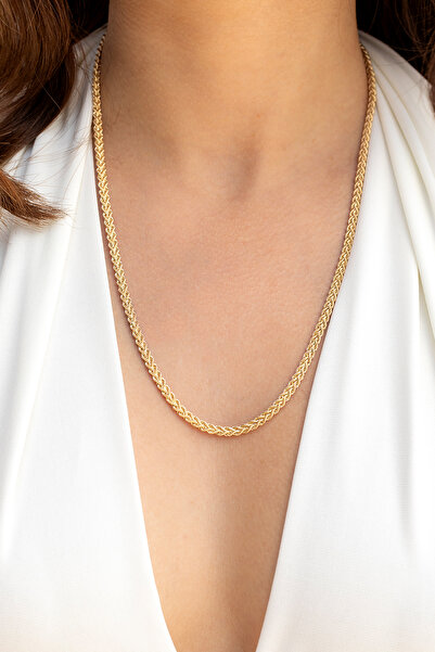 Cenova Jewelry 14 Ayar Altın Çift Sıra Örgü Halat Zincirli Kadın Kolye