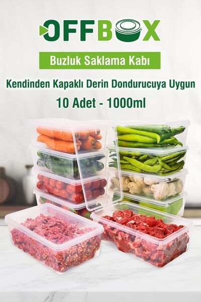 OFFBOX 10 Adet 1 Lt. Kendinden Kapaklı Derin Dondurucuya Uygun Saklama Kabı Düzenleyici