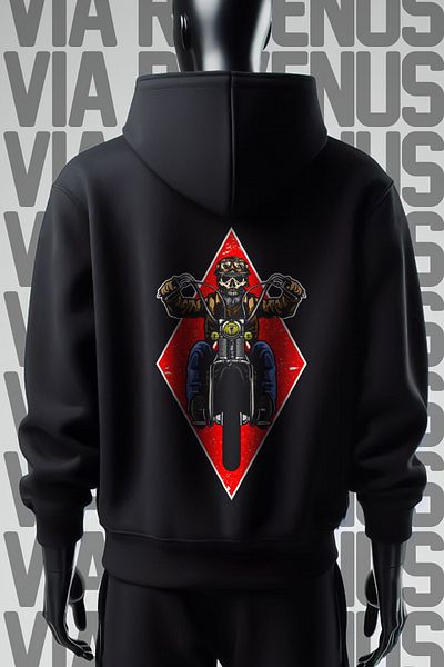 Vordevia Biker Skull Printed - 3 Thread Wide Fit Black Hooded Sweatshirt