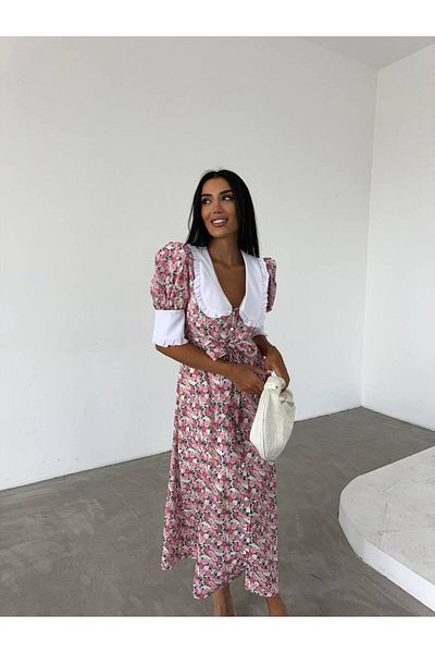 LB Laluna Butik Baby Collar and Buttoned Floral Patterned Women's Long Dress