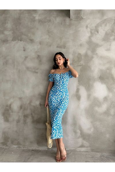 EnterStore Rochie de vară cu model de margarete cu mâneci pepene verde