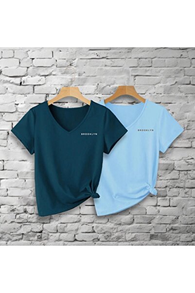 RASCHA طقم تي شيرت نسائي مكون من قطعتين برقبة على شكل حرف V مطبوع عليه بروكلي...