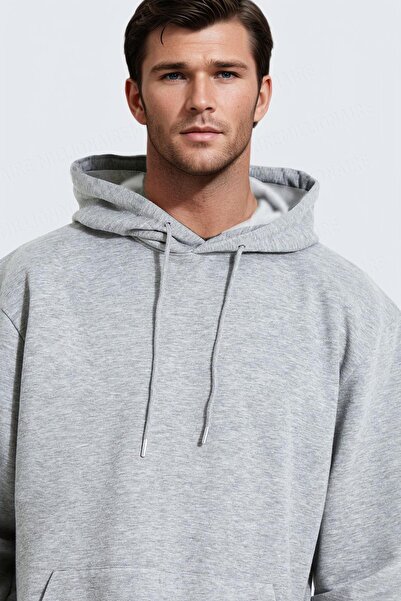 Millionaire Erkek Gri Düz Kapüşonlu Oversize 3 iplik Şardonlu Salaş Bol Kesim Hoodie Sweatshirt