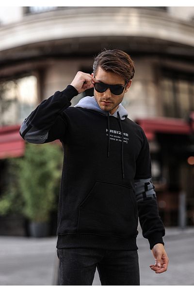 aziso Men's Hooded Black Basic Sweatshirt - Printed