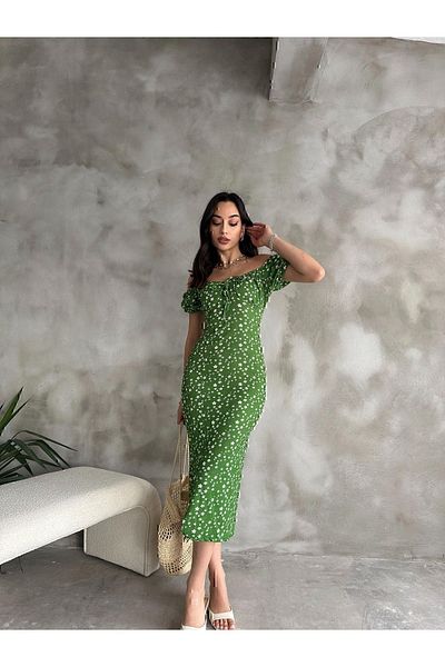 EnterStore Rochie cu model de flori de vară cu mâneci pepene