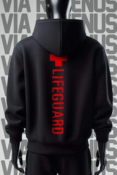 Vordevia Черен суитшърт с качулка LifeGuard с 3 прежди и широк модел - с щампа отпред и отзад