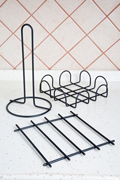 MultiStore Serving Presentation Set Towel Holder Napkin Holder Trivet Stainless Steel Matte Black Metal 3-Piece Kitchen Set