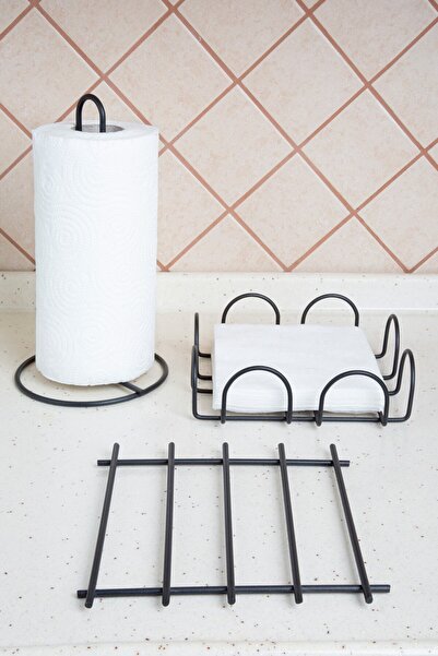 MultiStore Serving Presentation Set Towel Holder Napkin Holder Trivet Stainless Steel Matte Black Metal 3-Piece Kitchen Set