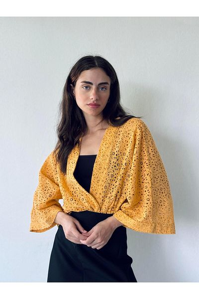 Retrobird Mini Kimono din Dantela Galbena - Design Femei