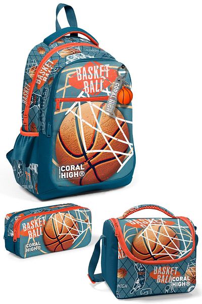 Yaygan Coral High Kids - Nefti Orange Basketball Patterned 3-Piece School Bag Set 0123651