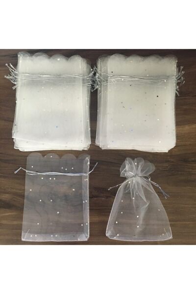 Genel Markalar Kırık Beyaz Tül Kese Organze Pullu Çerez Kesesi 12x14 Cm Pullu Ve Pulsuz Karışık 10 Adet