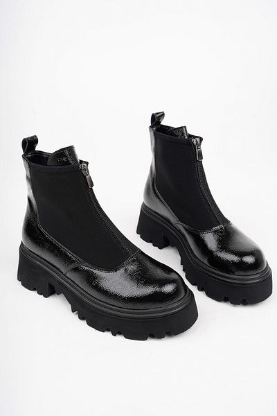 MARSHETTA İsabel Model Black Broken Patent Leather Thick Sole Front Zipper Women's Boots