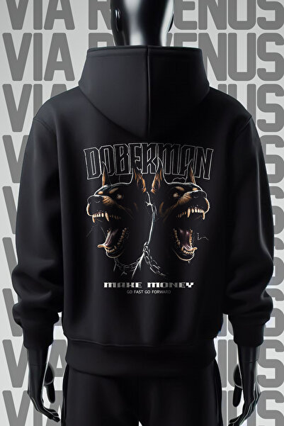 Vordevia Черен суитшърт с качулка и щампа на доберман - 3 прежди, широк модел