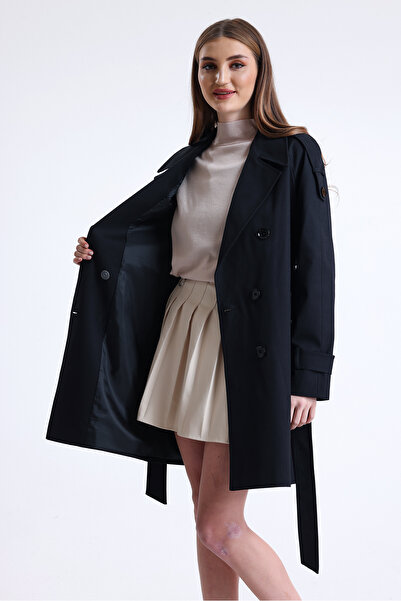 DOLCEBELLA Kruvaze Siyah Kapama Kısa Trençkot