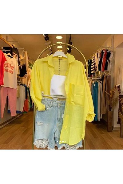 HC Boutique Cămașă oversize din in - Buzunar mare unic, model nou