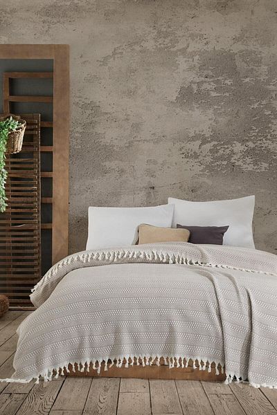 MCN Tekstil Brown Double Bedspread 200x230 cm Cotton Tasseled Pique