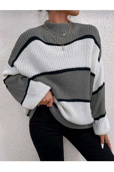 MODASPARK Gray White Half Fisherman Oversize Women's Knitwear Sweater