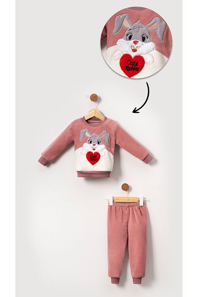Bubito Baby Girl and Children's Fleece Set with Pink Rabbit Image - Winter Bottom and Top Set
