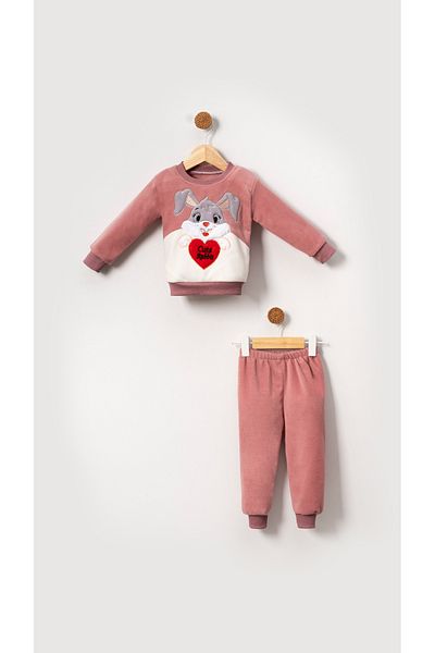 Bubito Baby Girl and Children's Fleece Set with Pink Rabbit Image - Winter Bottom and Top Set