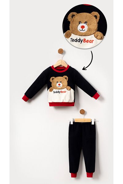 Bubito Black Fleece Teddy Bear Image Winter Set for Baby Boy and Child