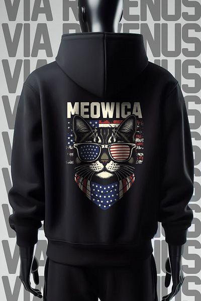 Vordevia Черен суитшърт с качулка Meowice - 3 нишки, щампа отпред и отзад, широк модел