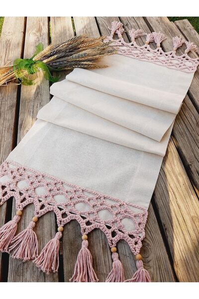 ZÜMAL El Örgüsü Makrome Keten Kumaş Runner 35x150 (Renk PUDRA )