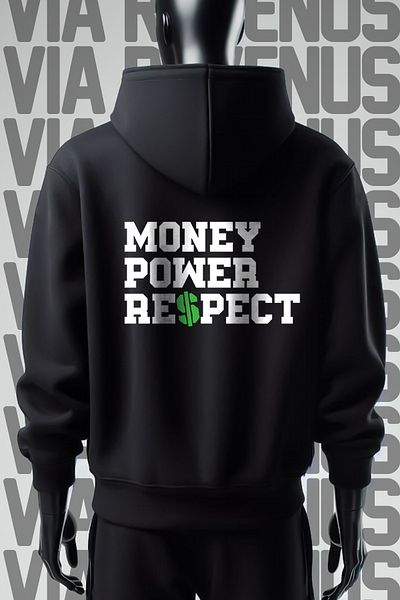Vordevia Money Power Respect Φούτερ με φαρδιά φόρμα 3 νημάτων μαύρη κουκούλα - Μπροστά και πίσω εμπριμέ