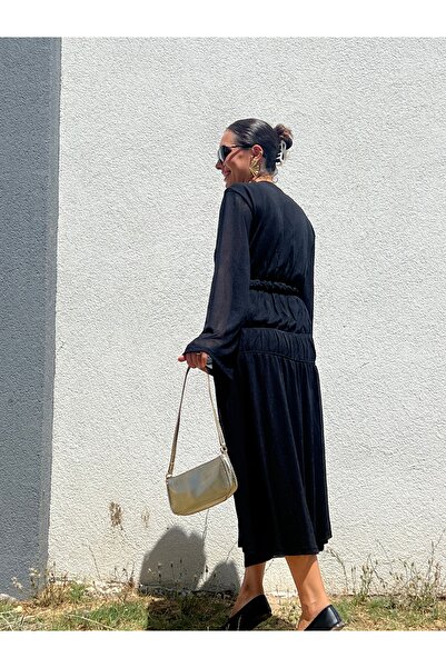 Dresslabtr Midi Boy Astarlı Kol Kısımları Transparan Siyah Uzun Örme Kumaş Elbise