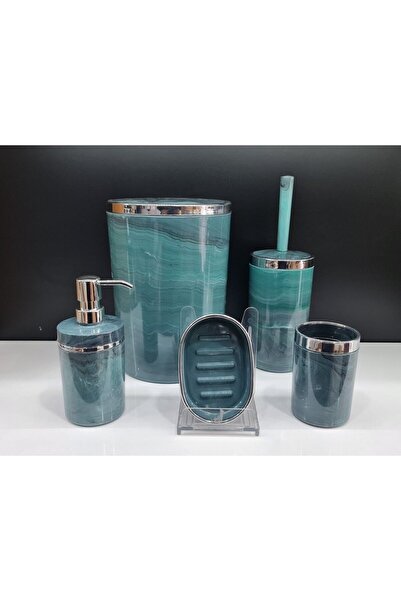 GuvenliPazar 5 Parça Akrilik Yuvarlak Banyo Seti Yeşil Mermer Gümüş Kromaj 5'li