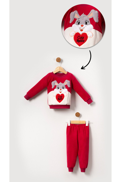 Bubito Rabbit Patterned Winter Set for Baby Girl and Child - Red