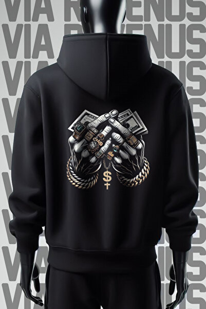 Vordevia Money Štampano Crna Sa kapuljačom majica - 3 niti, širok kroj