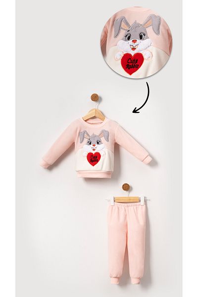 Bubito Fleece Winter Set with Rabbit Image for Baby Girl and Child - Salmon