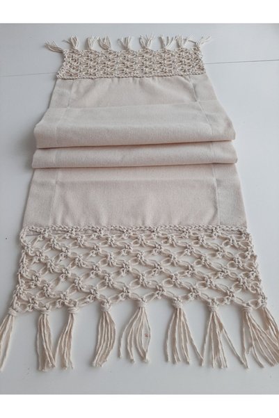 ZÜMAL Hand Knitted Macrame Linen Fabric Runner 35x110 (Color CREAM)