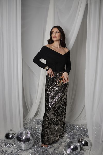 Julidress Catifea neagră cu paiete auriu premium - Fusta maxi de Anul Nou cu talie elastică