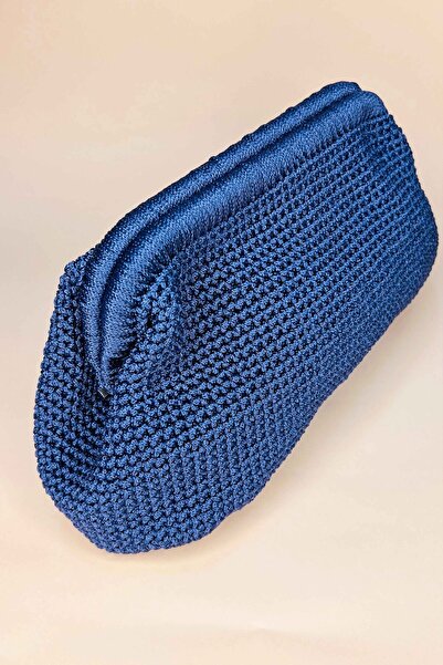 Genel Markalar HANDMADE İNDİGO MAVİ BURSLU HASIR / ASTARLI ÖRGÜ ÇANTA 18*30 cm