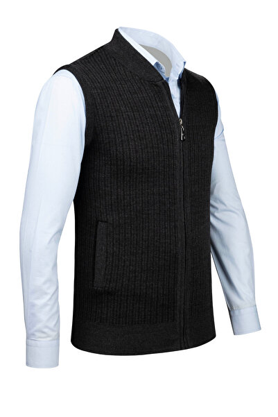 Çizgi Triko Stripe Knitwear Men's Knitwear Vest with Zipper Pocket Steel Knitwear Classic Fit - 5004J