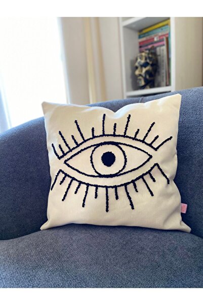 La Vivi Изпрана ленена калъфка за възглавница с мотив на очи 42*42 см