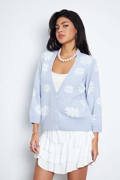 ALESGEROV Cardigan de damă cu model floral albastru baby