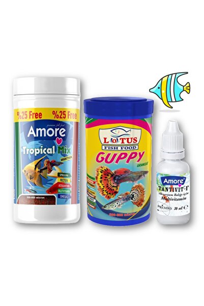 AMORE Lepistes-Melek-Plati-Moli Balık Yemi 125ml, Lotus Guppy Granül 100ml, Multivitamin